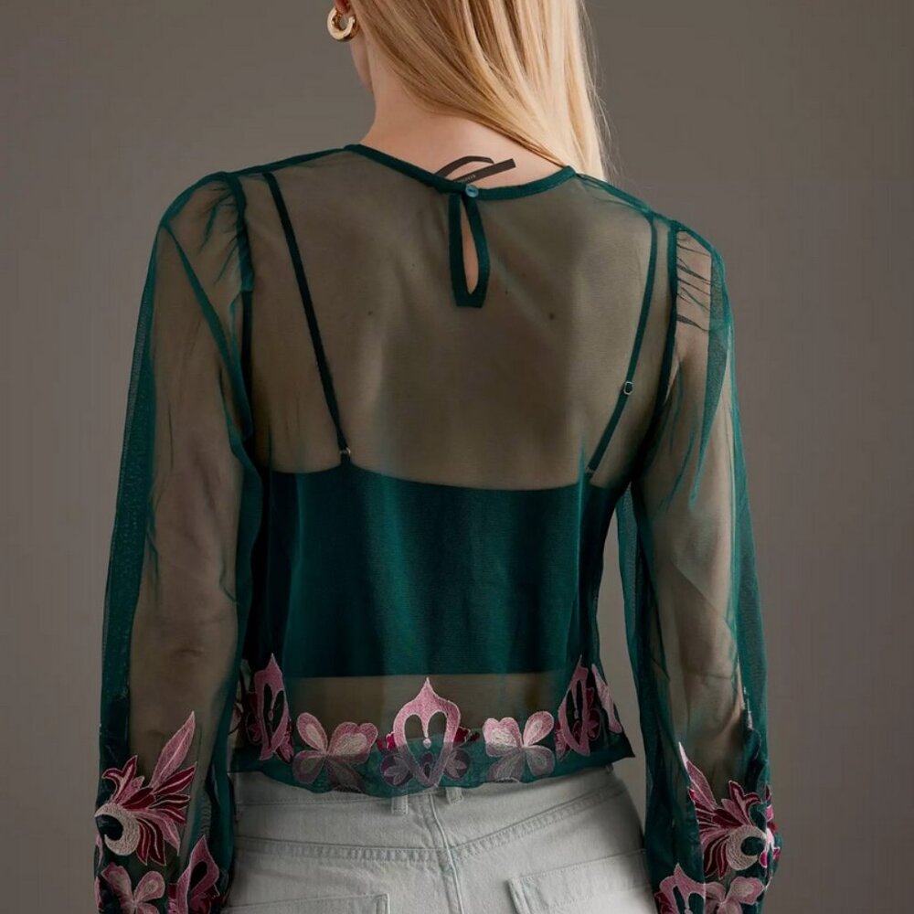 By Anthropologie Long-Sleeve Embroidered Mesh Top size XS nwt - Picture 9 of 9